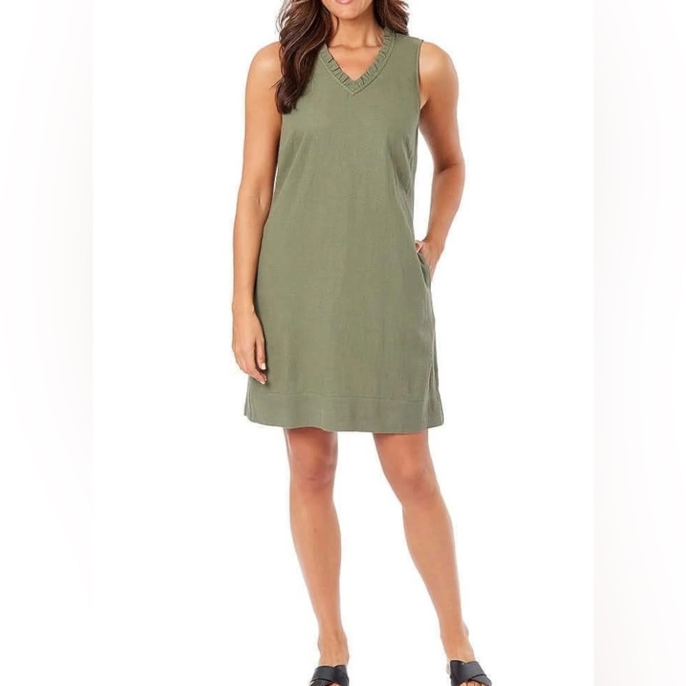 Sleeveless Linen Blend Neutral Cream Beige V-Neck Shift Dress w/ Pockets Large - Picture 3 of 15